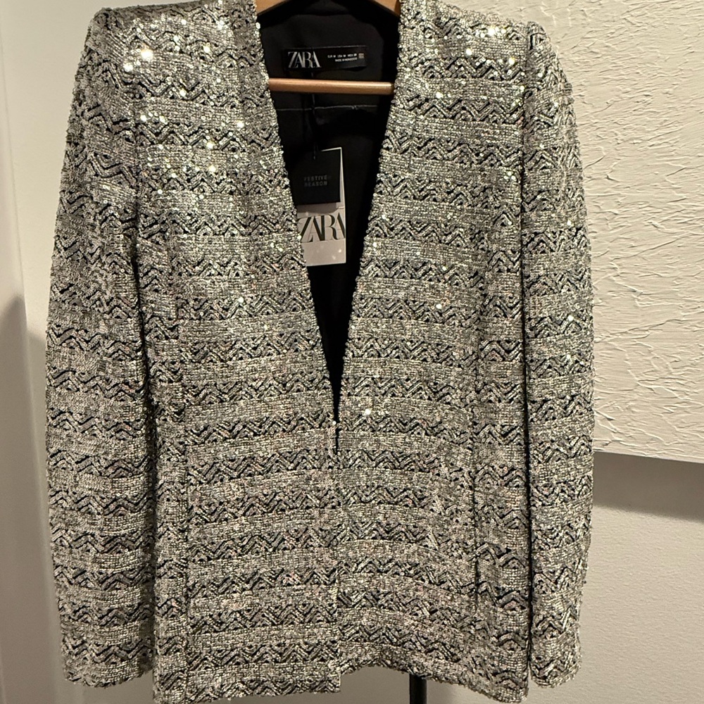 Zara Women’s Silver Sequin Blazer Elegant Structured Suit Jacket Size M NEW